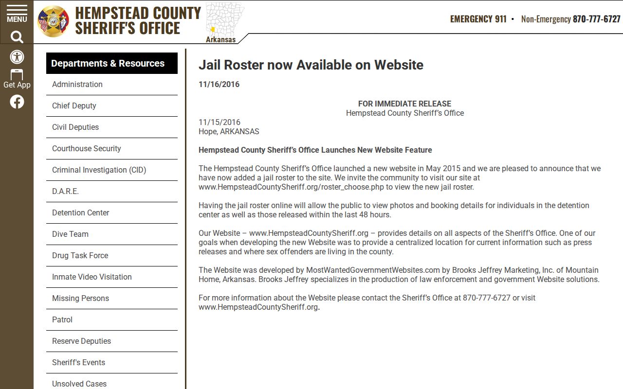 Hempstead County Sheriff roster and booking photo announcement