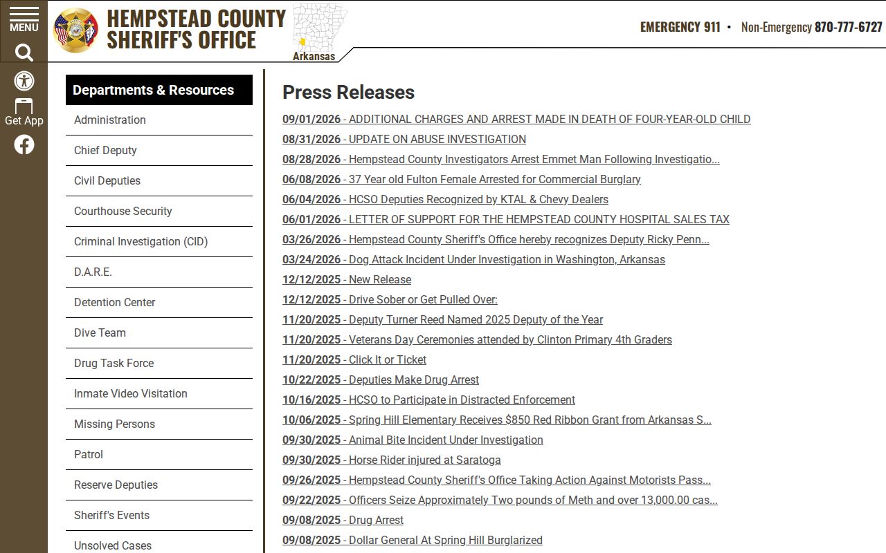 Hempstead County Sheriff's Office press release archive used for Fulton context