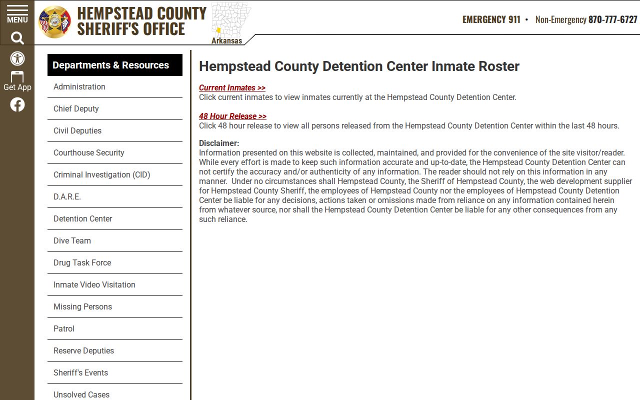 Hempstead County Detention Center roster chooser for current and released custody records