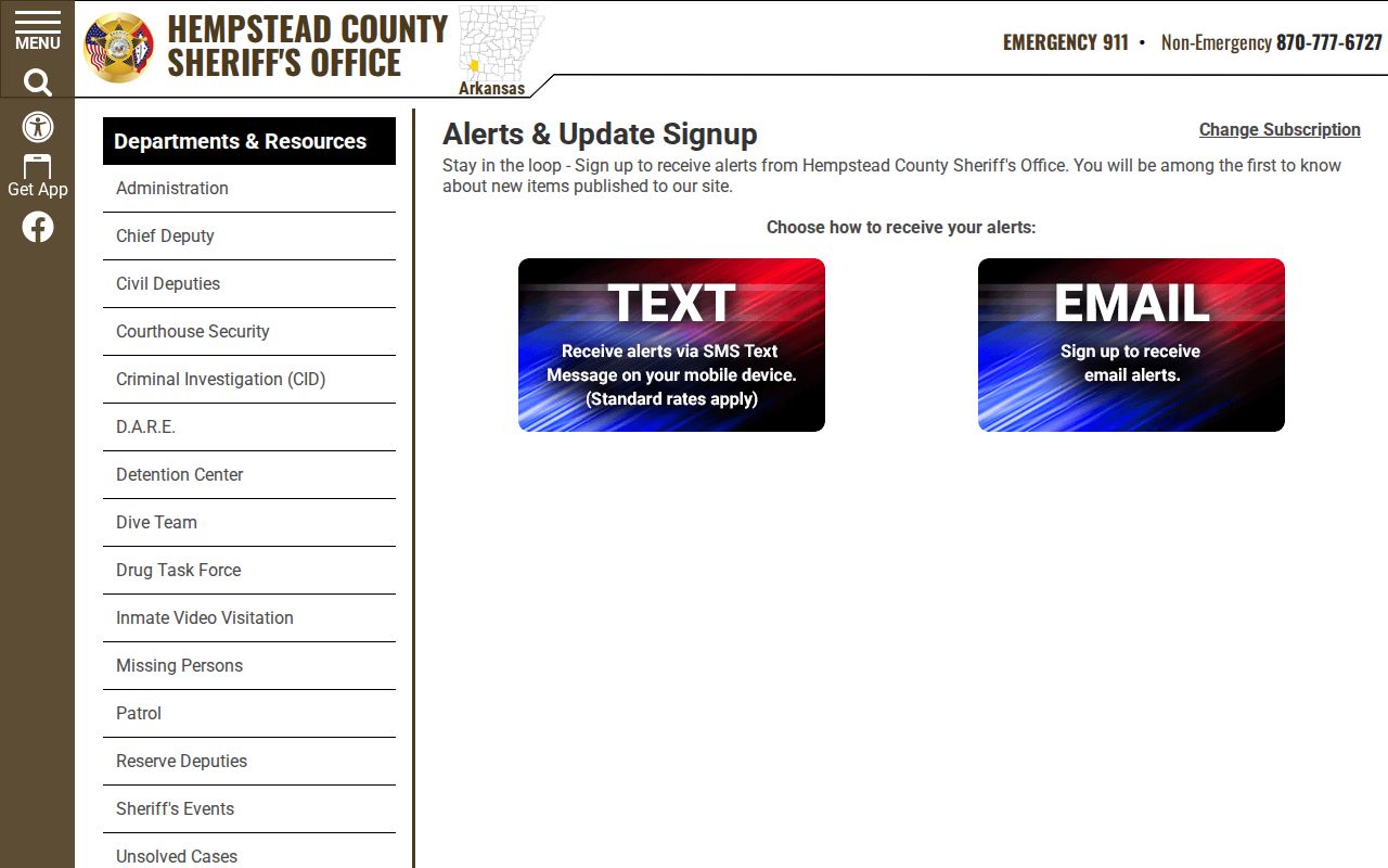 Hempstead County Sheriff email and text alert signup page