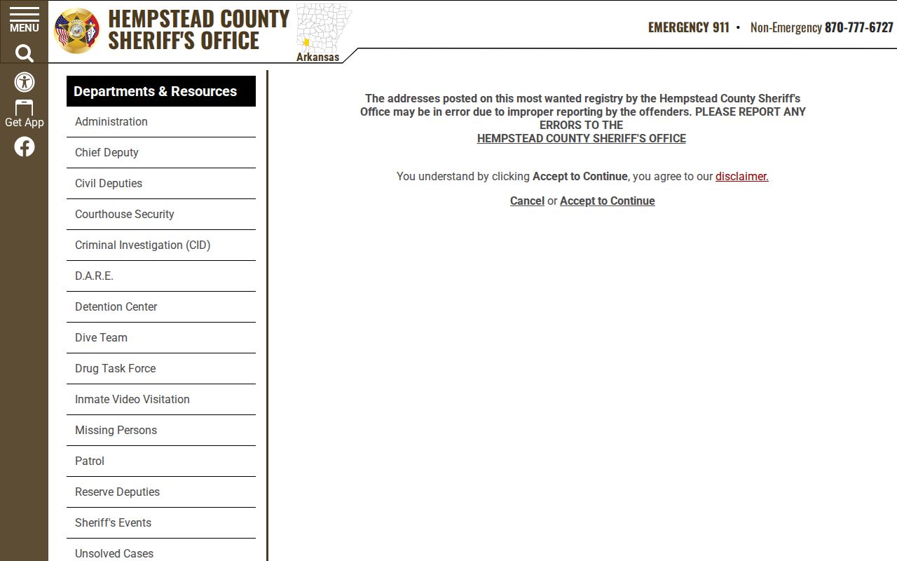 Hempstead County Sheriff wanted notice disclaimer